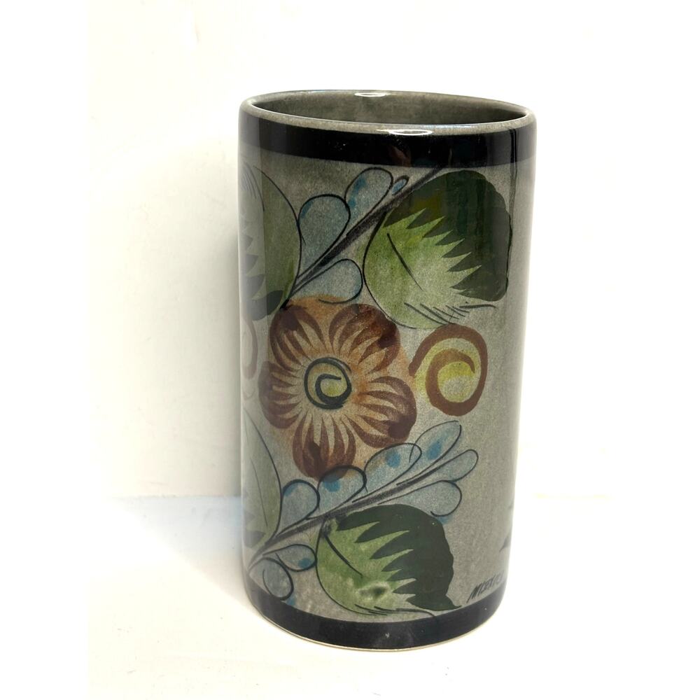 Vintage Tonala Mexican Folk Art Vase 5.25" Floral Pottery Southwestern Decor